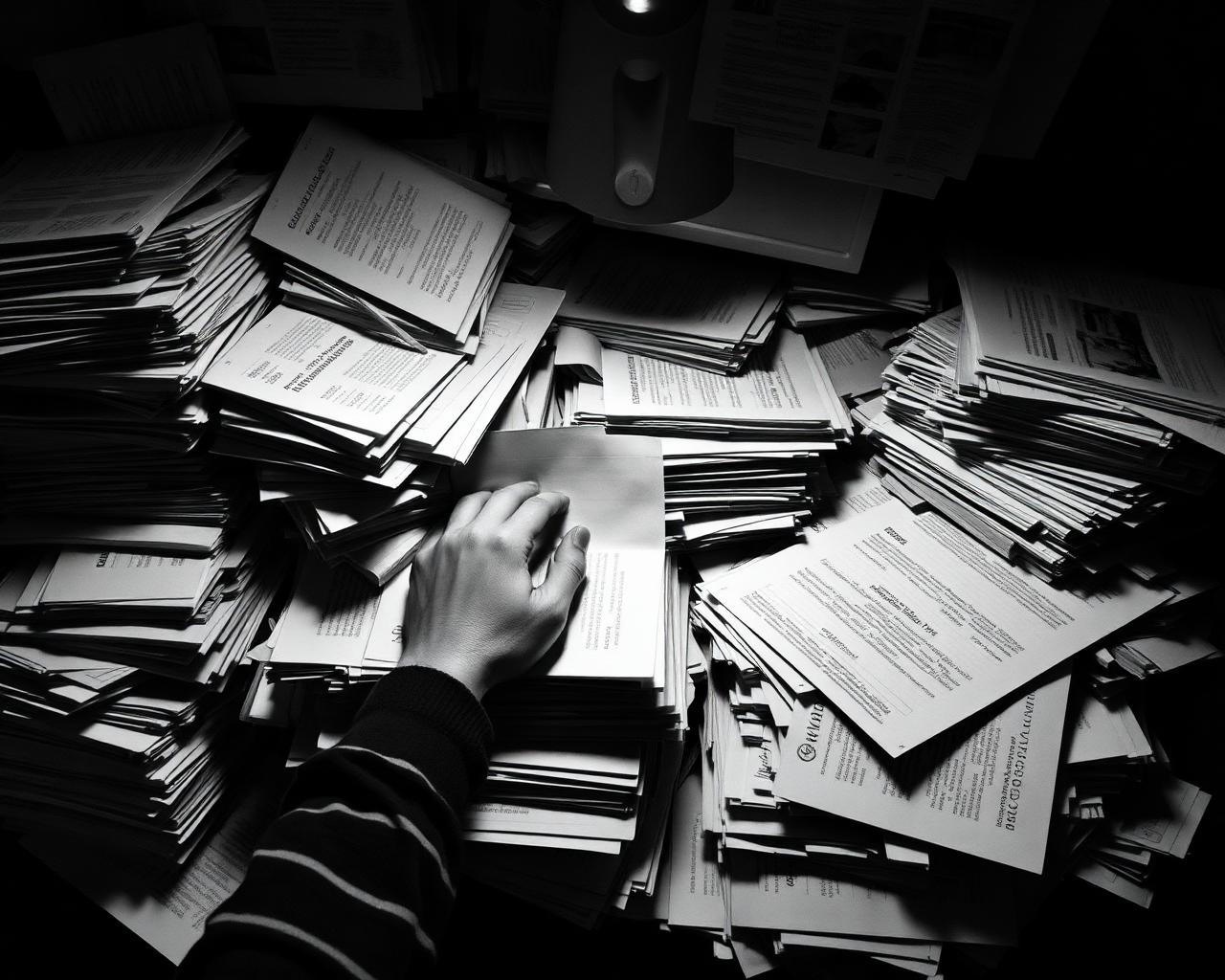 A desk buried under stacks of HR paperwork